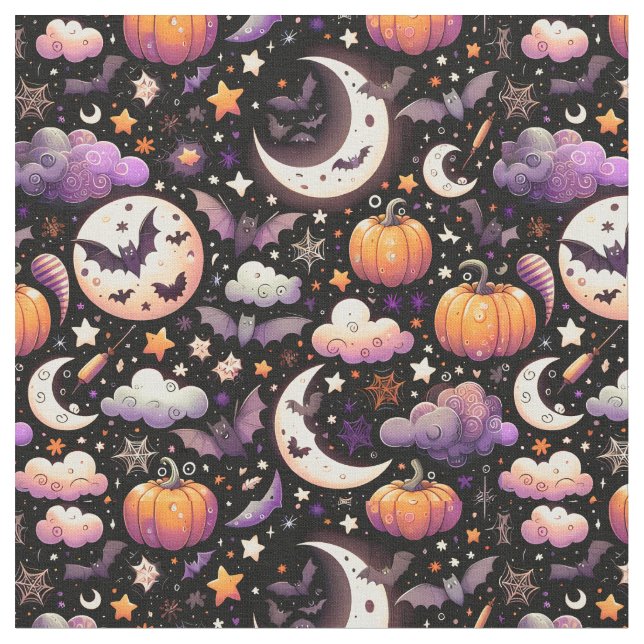 Whimsical Halloween Night Sky Pattern Fabric (Close Up)