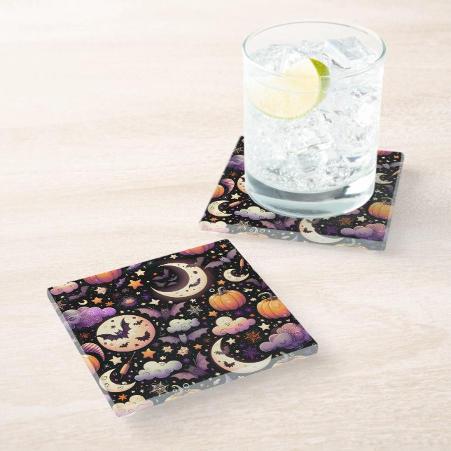 Whimsical Halloween Night Sky Pattern Glass Coaster (Angled)