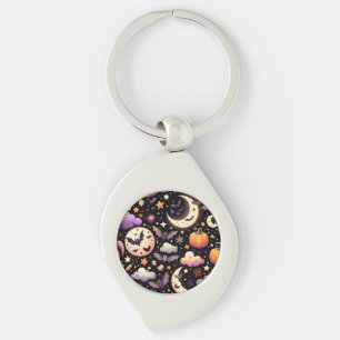 Whimsical Halloween Night Sky Pattern Key Ring