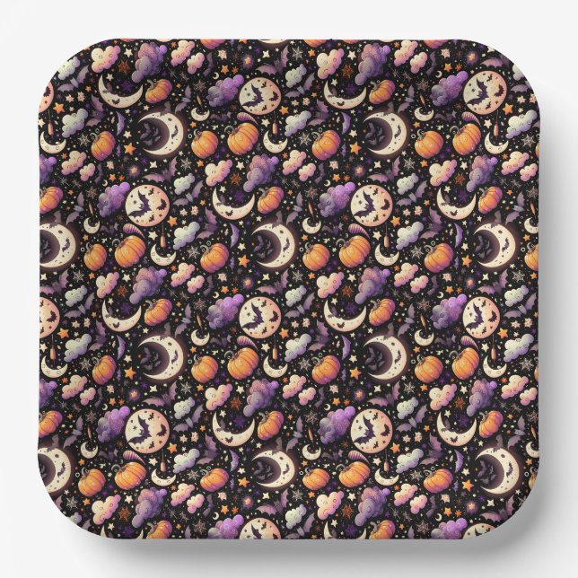 Whimsical Halloween Night Sky Pattern Paper Plate (Front)