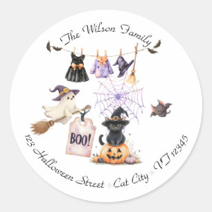 Whimsical Halloween Party Witch and Spooky Classic Round Sticker