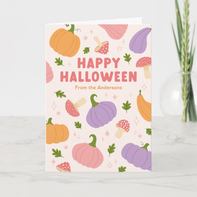 Whimsical Halloween Pumpkins and Mushrooms Card (Front)