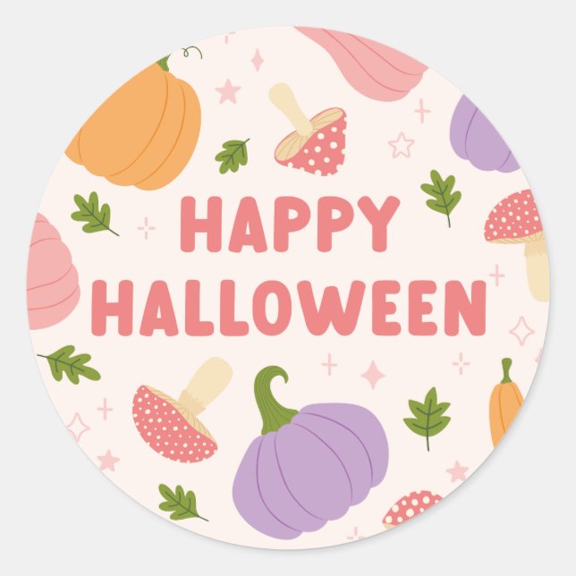 Whimsical Halloween Pumpkins and Mushrooms Classic Round Sticker (Front)