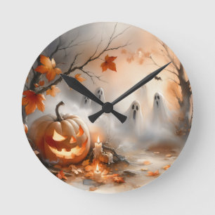 Whimsical Halloween scene with pumpkin and ghosts Round Clock