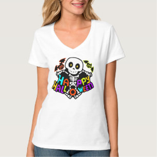 Whimsical Halloween Skeleton and Bats Design T-Shirt