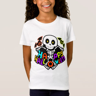 Whimsical Halloween Skeleton and Bats Design T-Shirt