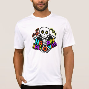 Whimsical Halloween Skeleton and Bats Design T-Shirt