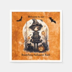 Whimsical Halloween Witch and Her Feline Friends Napkin