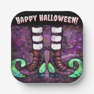 Whimsical Halloween Witch Boots Purple Green Paper Plate