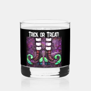 Whimsical Halloween Witch Boots Purple Green Whiskey Glass