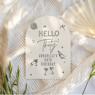 whimsical hand drawn 30th birthday drinks party invitation