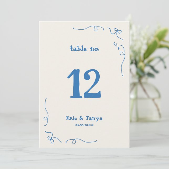 Whimsical Hand Drawn 5x7 Wedding Table Number Sign (Standing Front)