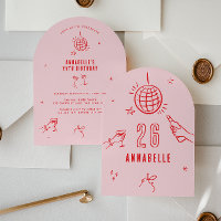 whimsical hand drawn arch birthday drinks pink red