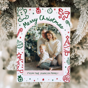 Whimsical Hand Drawn Arch Photo Merry Christmas Holiday Card