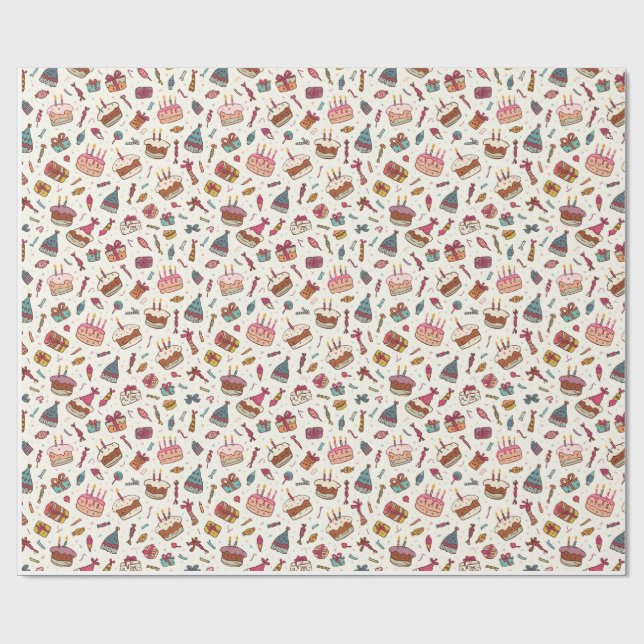 Whimsical Hand-Drawn Birthday Party Pattern Wrapping Paper (Flat)
