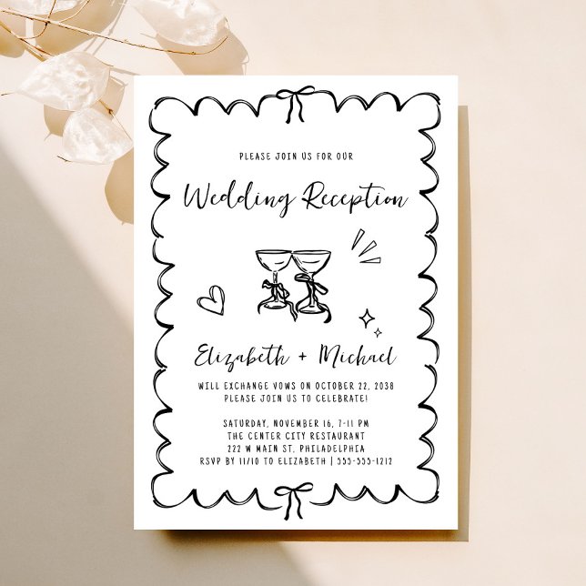 Whimsical Hand Drawn Black White Wedding Reception Invitation (Fun reception invitation featuring whimsical hand drawn wine glasses with hearts + coquette bows)