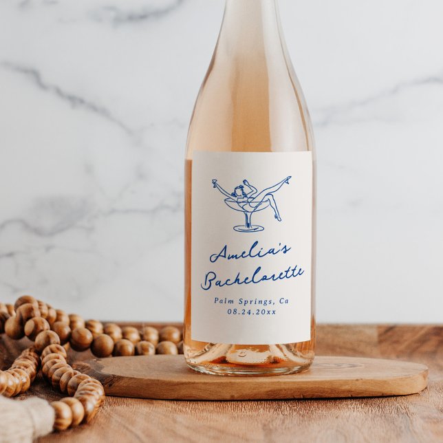 Whimsical Hand Drawn Blue Bachelorette Wine Label (Creator Uploaded)