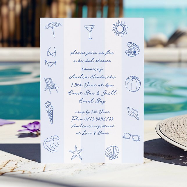 Whimsical Hand Drawn Blue Beach Bridal Shower Invitation (Creator Uploaded)