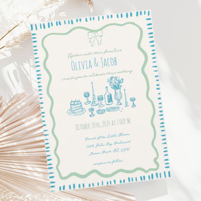 Whimsical Hand Drawn Blue Bow Wavy Wedding Invitation (Creator Uploaded)