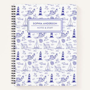Whimsical Hand Drawn Blue Coastal with Lighthouse Notebook