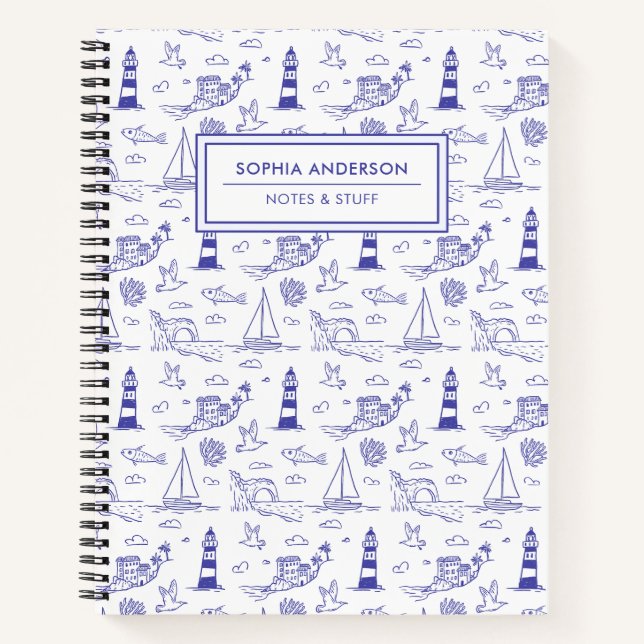 Whimsical Hand Drawn Blue Coastal with Lighthouse Notebook (Front)