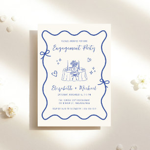 Whimsical Hand Drawn Blue Cream Engagement Party Invitation