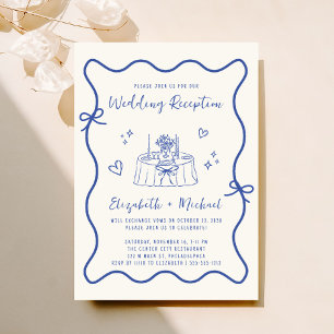 Whimsical Hand Drawn Blue Cream Wedding Reception Invitation