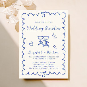 Whimsical Hand Drawn Blue Cream Wedding Reception Invitation