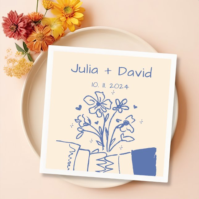 Whimsical Hand Drawn Blue Floral Wedding Napkin (Creator Uploaded)