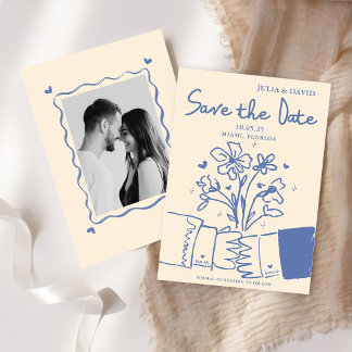 Whimsical Hand Drawn Blue Floral Wedding Save The Date