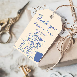 Whimsical Hand Drawn Blue Floral Wedding Thank You Gift Tags