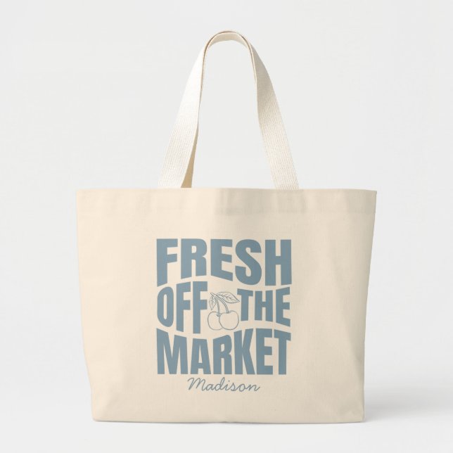 Whimsical Hand Drawn Blue Fresh Off The Market Large Tote Bag (Front)