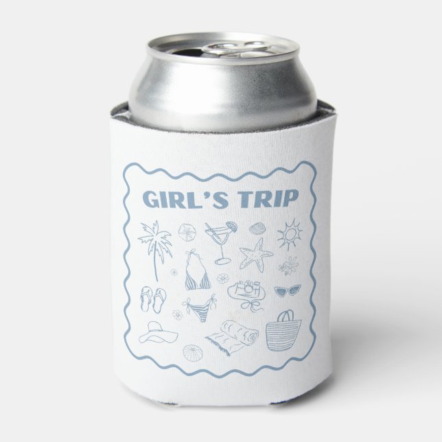 Whimsical Hand Drawn Blue Illustrated Wedding Can Cooler (Can Front)
