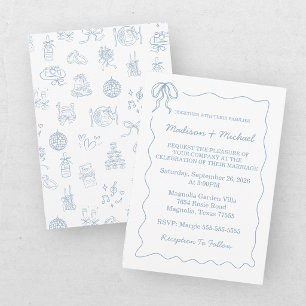 Whimsical Hand Drawn Blue Illustrated Wedding Invitation