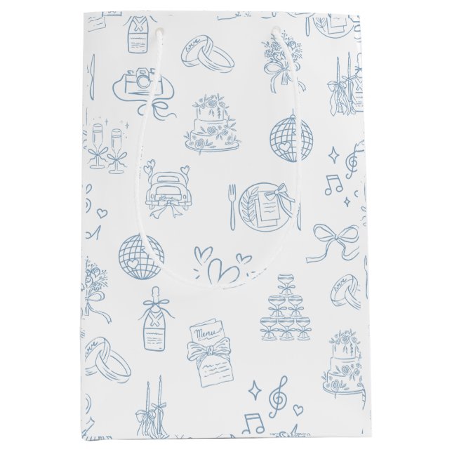 Whimsical Hand Drawn Blue Illustrated Wedding Medium Gift Bag (Front)