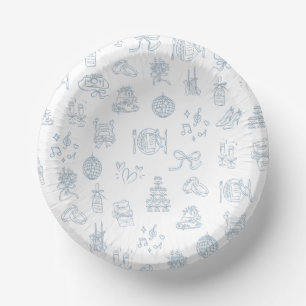 Whimsical Hand Drawn Blue Illustrated Wedding Paper Plate