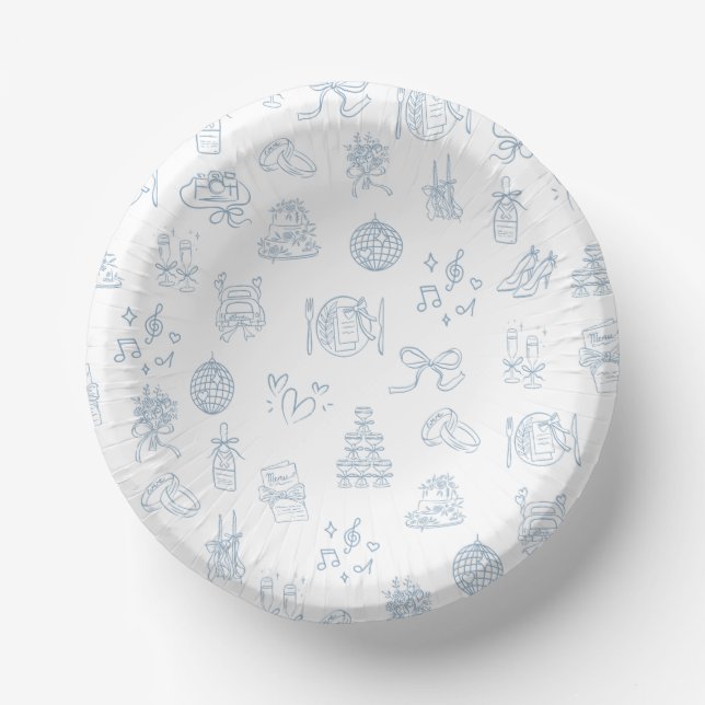 Whimsical Hand Drawn Blue Illustrated Wedding Paper Plate (Front)