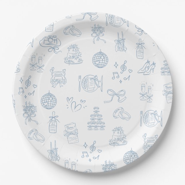 Whimsical Hand Drawn Blue Illustrated Wedding Paper Plate (Front)