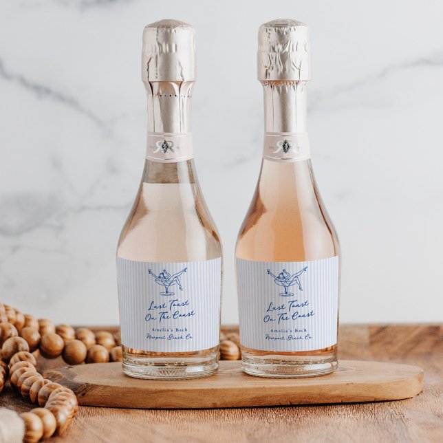 Whimsical Hand Drawn Blue Last Toast on the Coast Sparkling Wine Label (Creator Uploaded)
