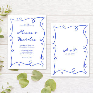 Whimsical Hand Drawn Blue Monogram Wedding Invitation