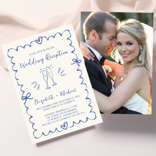 Whimsical Hand Drawn Blue Photo Wedding Reception Invitation