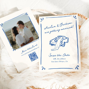 Whimsical Hand Drawn Blue Save the Date QR Code Invitation