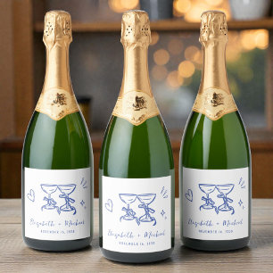 Whimsical Hand Drawn Blue Wedding Sparkling Wine Label