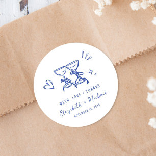 Whimsical Hand Drawn Blue Wedding Thank You Classic Round Sticker