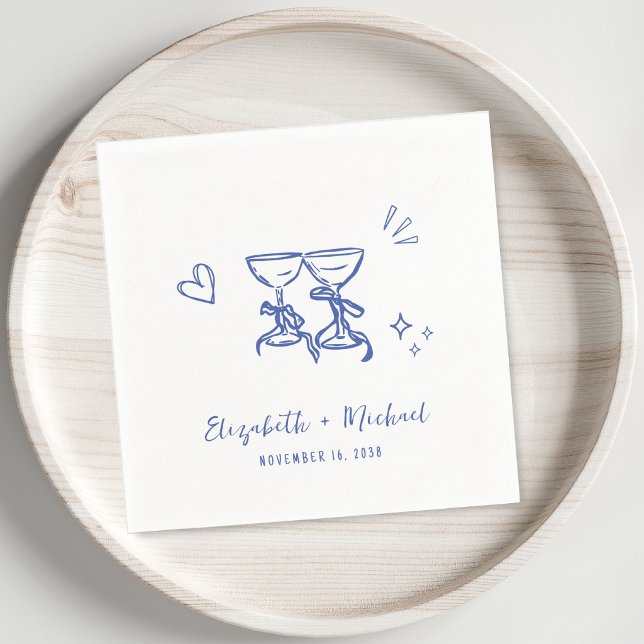 Whimsical Hand Drawn Blue Wine Glasses Wedding Napkin (Whimsical Hand Drawn Blue Wine Glasses Wedding Napkins)