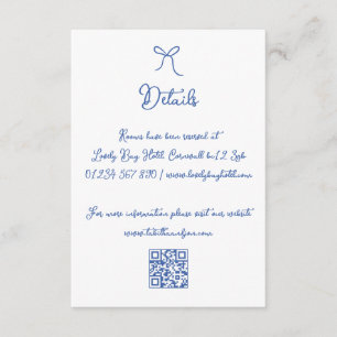 Whimsical Hand Drawn Bow Blue QR Wedding Details Enclosure Card