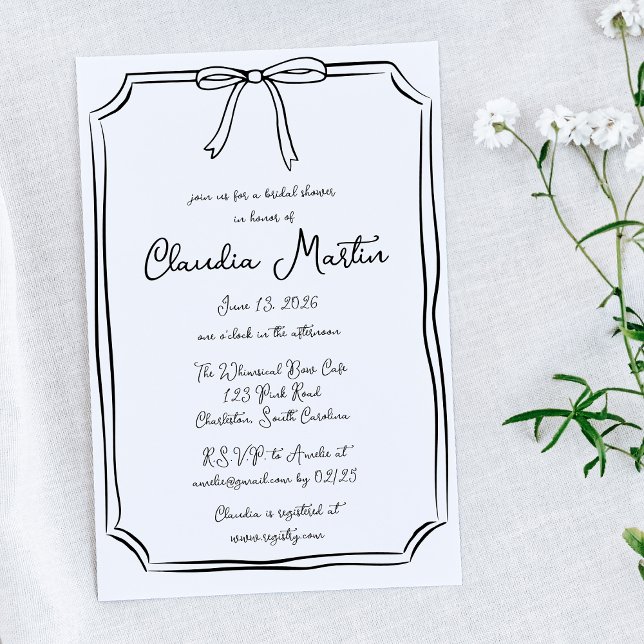 Whimsical Hand Drawn Bow Bridal Shower Invitation (Minimalist bridal shower invitation with a cute bow and modern typography—ideal for a stylish bride.)