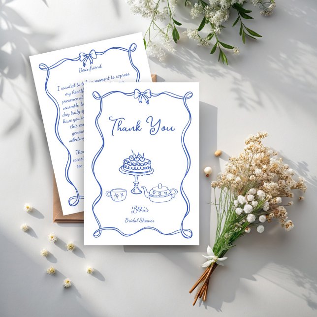 Whimsical hand drawn bow bridal tea party thank you card (Whimsical hand drawn bow bridal tea party thank you card bridal shower tea party thank you cards)