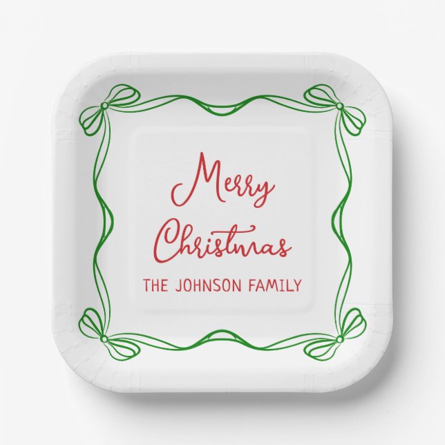 Whimsical Hand Drawn Bow Christmas Gift Paper Plate (Front)