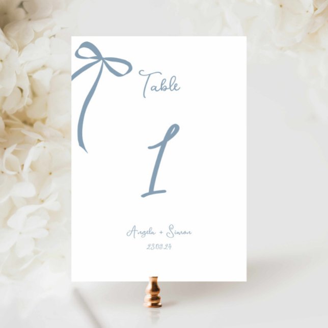 Whimsical Hand drawn Bow Dusty Blue Table Number (dusty blue wedding table number, hand drawn bow wedding table card, blue bow illustration )